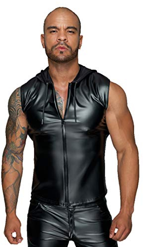 Herren Kapuzenshirt mit Zwei-Wege Reißverschluss Männer Shirt ohne Ärmel in Wetlook schwarz 3XL