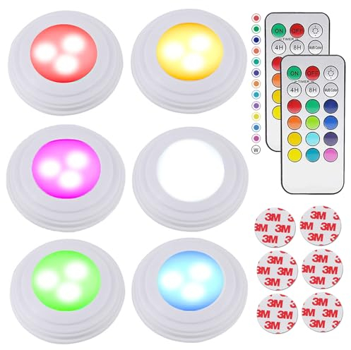 Sgizoku Under Cabinet Kitchen Light Battery Operated Cupboard Lights,6 LED Wireless Puck Lights with 2 Remote Controls &Time Function,13 Colors Dimmable Push Lighting Stick on Wardrobe Counter Lamps