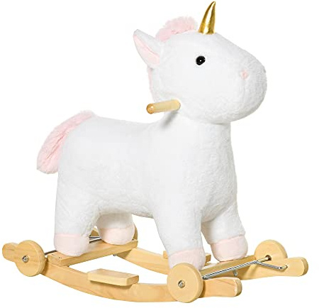 HOMCOM Cavallo a Dondolo per Bambini a Unicorno con Base Curva e Ruote, Cavallo a Dondolo 2 in 1 con Suoni Integrati e Rivestimento Peluche, per Bambini 3-6 Anni, 63x38x63cm, Bianco