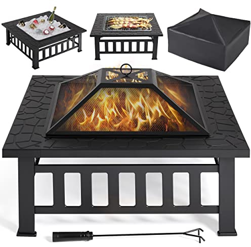 Yaheetech 34in Fire Pit Table Outdoor Wood Fire Pits Fire Pits for Outside Patio Square Steel Stove with Mesh Screen, Waterproof Cover & Poker for Bonfire Camping