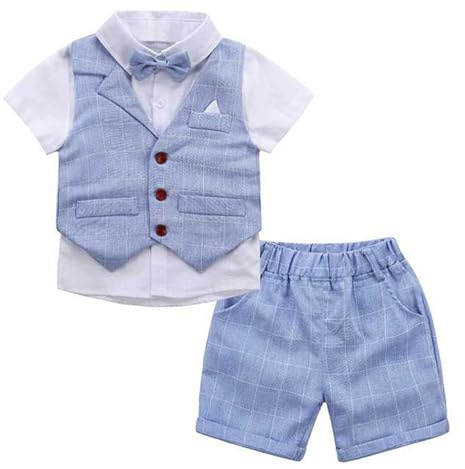 ranrann Bebispojke set kostym bröllop barn skjorta och shorts gentleman dop outfit födelsedagsoutfit sommar 9 månader - 6 år, Färg: blå, 18-24 M�nader