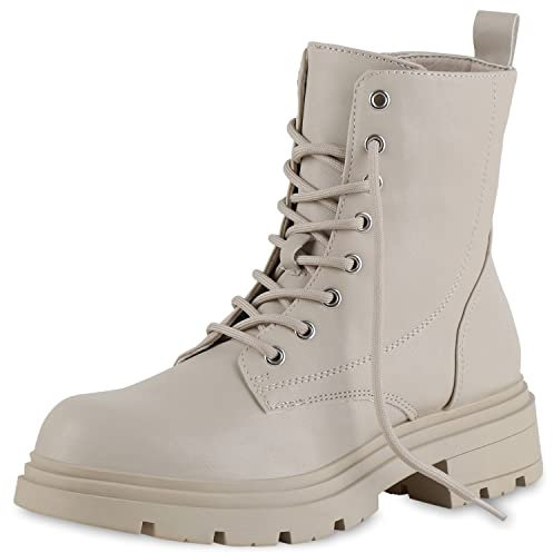 VAN HILL Damen Schnürstiefeletten Stiefeletten Blockabsatz Freizeit Schuhe Profil-Sohle Schnürer Plateau Vorne Booties 207107 Beige 38