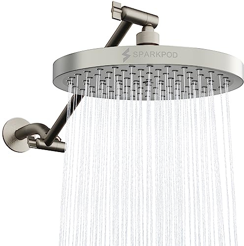 SparkPod Round Rain Shower Head with Shower Head Extension Arm - High Pressure Rain - Luxury Modern Look - No Hassle Tool-less 1-Min Installation (11 Shower Arm Extension, Elegant Brushed Nickel)