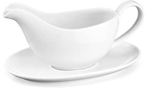 Yedio Sauciere mit Untertasse, große weiße Keramik-Sauciere, Boot und Tablett für Truthahn-Rindsauce, Salatdressing, Milchbrühe, mikrowellen- und spülmaschinenfest, 530 ml