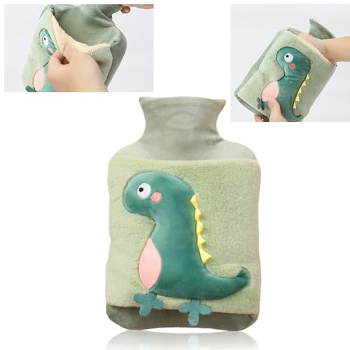 MHwan Bouillotte, 2L Bouillotte Regles Douloureuses en Peluche Épais et Délicat, Bouillotte Eau Chaude 100% Antidéflagrant et Anti-Fuite, Joli Bouillote Dinosaure pour Enfants et Adultes