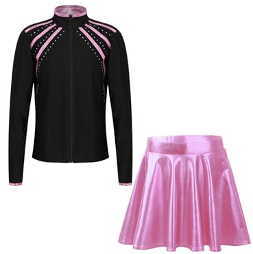 Yeahdor barn flickor konståkning kläder set långärmad konståkning rock med sportkjol tennis kläder set träning sport, ROSA, 122-128