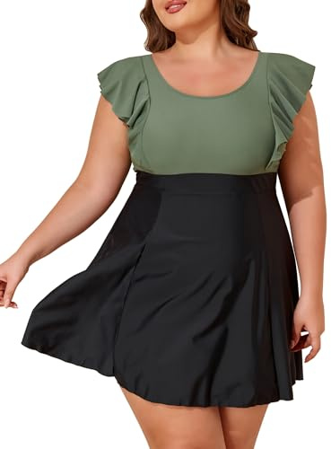 Smismivo Maillot de bain Grandes Tailles Ventre plat avec short et bonnet Robe de bain pour femme Modest Swim Dress, XXL grande taille