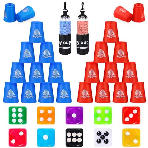 homdat 24 Stück Stapelbecher, Quick Sport Stapelbecher Cups (Blau, Rot) mit Tragetasche und 10 Würfel Bunt, für Trainingsspiel Geschwindigkeit Herausforderung lustiges Partyspiel