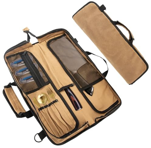 WEESTAAMO Sac à roulettes pour couteaux de chef, sac à couteaux, rouleau à couteaux, sac à couteaux de cuisine, 12 poches pour couteaux, ustensiles de cuisine légers, nylon résistant aux taches,