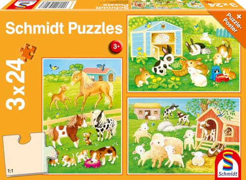 Schmidt Spiele 56518 Puzzle pour Enfants-3 x 24 pièces-Animaux Mignons, Multicolore
