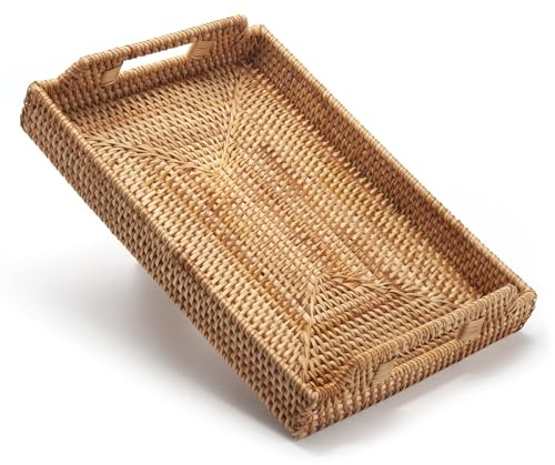 Vassoio Rettangolare in Rattan, Vassoio per Servire in Vimini con Maniglie, Vassoio Decorativo Intrecciato per Tavolino da Caffè (43 x 29 x 4.5 cm)