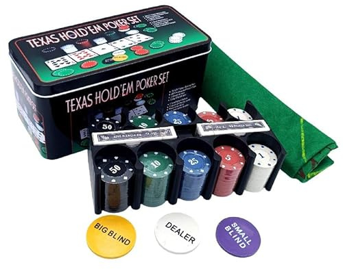 Glac Store Pokerset med metalllåda, 200 färgglada marker, 2 kortlekar, markerhandlare, grön duk, stor blind, liten blind