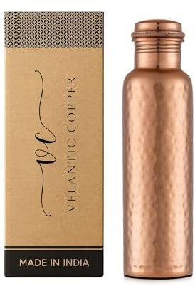 Pure Copper Water Bottle - 32 oz - Handcrafted BPA Free Non-Insulated Jointless Leakproof Durable Metal Bottles for Sports and Travel - Glossy Hammered