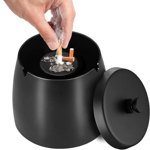Stainless Steel Large Ashtray with Lid and Anti-Slip Mat, Outdoor Smell-Proof Windproof Ash Tray, Easy to Clean Storing Cigarette Butts Tools for Smoker, Home Indoor, Patio, Garden, Office, Bar(Black)