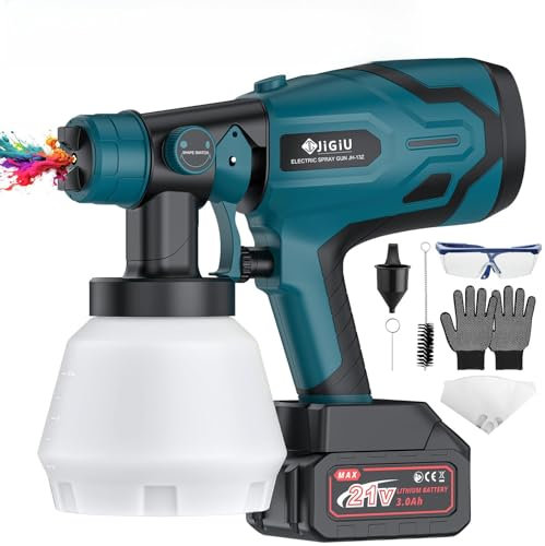 JiGiU Elektro Lackierpistole 300W HVLP Farbspritzgerät mit 3000mAh-Akku Spritzpistole 1000ML Behälter 3 Spritzmuster 6 Düsen mit Ladegerät, Farbsprühsystem für DIY Wände Zäune Schränke (Blau)