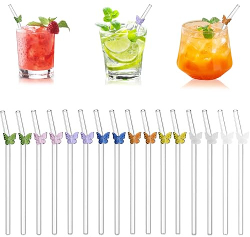 16 Cannucce di Vetro Curve con Farfalla, Cannucce Riutilizzabili, con 2 Spazzole, per Smoothie, Caffè, Succhi, Tè, Latte