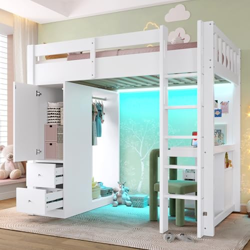Cama alta de 90 x 200 cm, con 4 cajones y 1 armario de almacenamiento, escritorio bajo la cama, armario abierto, luz LED y USB, color blanco