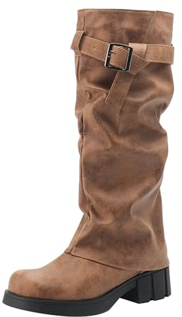 Cowboystövlar dam höga ridstövlar dam breda vader, västerländska stövlar platåstövlar med blockklack vandringskängor bältesspänne traditionell stövlar cowgirl stövlar övergångsstövlar