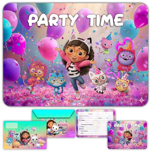 12 biglietti d'invito di compleanno Gabby con buste abbinate per la casa delle bambole, per bambini, ragazze, inviti precompilati in inglese per feste di compleanno o celebrazione