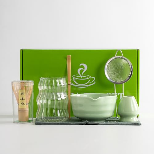 Set di tè matcha giapponese autentico kit da cerimonia professionale 7 pezzi con frusta ciotola mestolo barattolo per il beverino e tazza vetro pronto all uso in una scatola regalo squisita