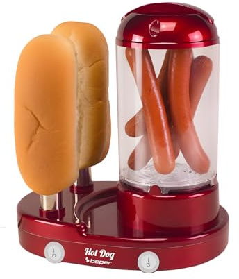 BEPER P101CUD502 Máquina para hacer perritos calientes y cocer huevos 3 en 1, vaporera para salchichas y huevos, calentador de panecillos con 2 varillas de acero inoxidable, 440 W, interruptor doble