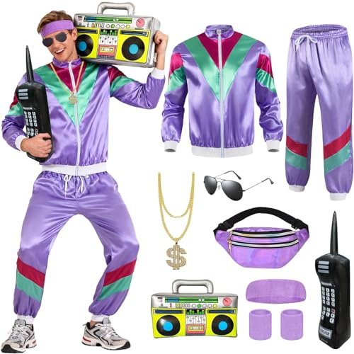 Xerteam Costume da uomo anni '80 e '90, con accessori, stile hip hop retrò anni '80, per adulti, set con 1 abbigliamento sportivo, camicia, pantaloni, cappello, collana, palloncino e occhiali (viola