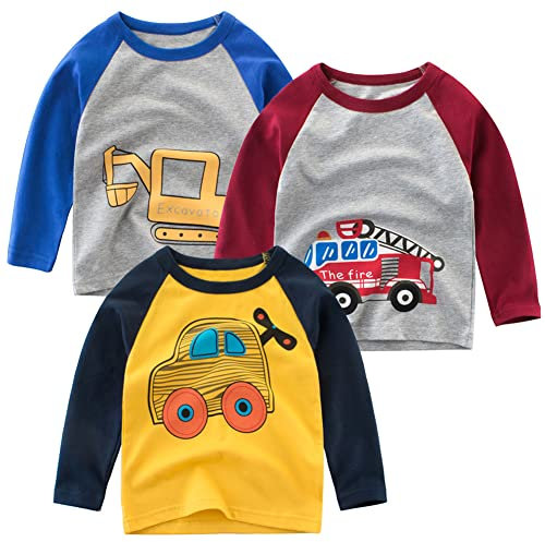 SUPFANS Toddler Boys 3-Pack Long Sleeve Excavator T-Shirt 100% Cotton Basic Tops Car Shirt, Set-e, 4 Years