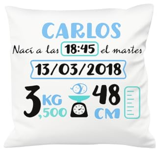 NANNUK | Cojín Personalizado para Recién Nacido | con Nombre, Hora, Fecha, Peso y Medida | Almohada Bebe Bebe Personalizado (Azul Y Mint)