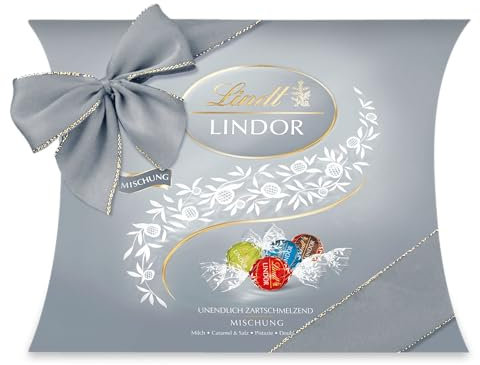 Lindt Schokolade LINDOR Mischung Silber | Ca. 26 Kugeln mit zartschmelzender Füllung in den Sorten Milch, Caramel & Salz, Pistazie, Double Chocolate | Pralinen Geschenk | Schokoladengeschenk, 325g