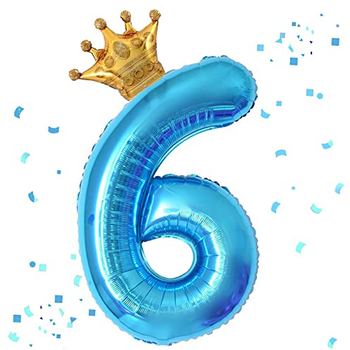 40 Inch Blue Number 6 & Mini Crown Balloon for Birthday Party Decorations, 6th Birthday Party Decorations Blue Theme Party Balloons Decorations Supplies
