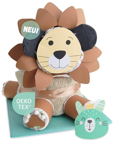 Windeltorte ® Löwe [KÖNIG des DSCHUNGELS] - Jungen & Mädchen - Neutral Unisex - Geschenk zur Geburt - Babyparty - Baby - Babyshower - Pullerparty - Babyartikel - Babyartikel - Lätzchen - Spucktuch