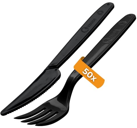 Couverts en plastique réutilisables noirs | MEHRWEG Couverts de camping | Couverts de voyage Premium | Couverts d'extérieur robustes (Set - 50 fourchettes + 50 couteaux)