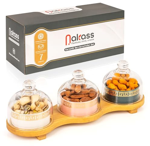 Nakass 3x Snackschalen Servierschalen Set aus Keramik mit 3x glasigen Deckels/Dessertschalen mit Bambus Holztablett als bunte Tapas Schalen Serviertablett Süßigkeiten Schale für Esstischdeko