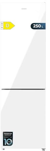 Cecotec Frigorífico Combi Bolero CoolMarket Combi 250 White Glass D. Compresor Inverter Plus, Cristal Blanco 180X55Cm, 250L, No Frost, Clase D, Multi Air Flow, Fast Cooling Y Cajón Humidity Box
