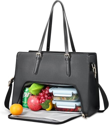 Jetviivid Laptop Tote Bag with Insulated Lunch Compartment, 15.6 Inch PU Leather Briefcase for Women, Waterproof Laptop Handbag Computer Shoulder Bag for Business, Office, Work, Black