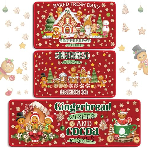 Drydiet Set di 3 tappeti e tappetini da cucina natalizi, antiscivolo, con omino di pan di zenzero, fiocchi di neve, bastoncini di canna, caramelle, per Natale, inverno, cucina, bagno, corridoio, porta