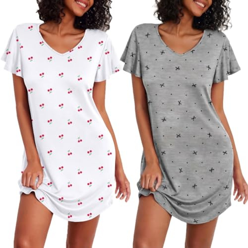 Ekouaer Nattlinnen för kvinnor, 2-pack, kortärmad, sovskjorta, tvådelad, blommor, sovskjorta, roliga nattkläder, S–XXL, Grå rosett + körsbär, XL