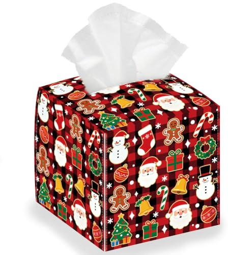 DELORIGIN Christmas Elements Tissue Leather Box Square Tissue Case Cover Foldable Tissue Storage Box Waterproof Paper Towel Case Container Organizer Tissue Holder for Home Bedroom Office Car