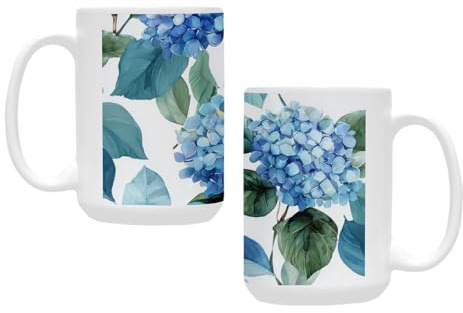 qenuh Blue Hydrangea Botanical Print Ceramic Mugs Coffee Cup Smooth Glaze Finish 15 oz Classic Tea Cup for Hot Drinks, Office/Home Use
