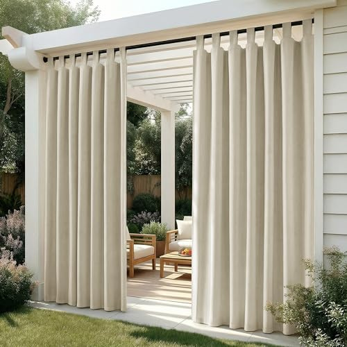 Deconovo Cortinas Exterior para Terraza Jardín o Balcón, Opacas y Repelentes al Agua con Trabillas, Protección Solar y Aislamiento Térmico, Set de 2 Paneles 132x270 cm Beige Claro