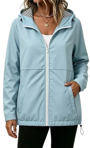 Womens Lightweight Waterproof Jacket,Casual Long Sleeve Full Zip Raincoat With Hood Ladies Windbreaker Softshell Jacket With Pockets Breathable Windproof Rain Coat for Outdoor Hiking Running