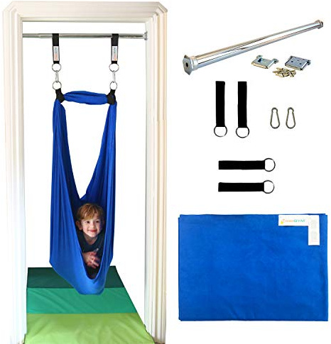 DreamGYM Doorway Sensory Swing - Supports 220lbs, Steel Bar Secured by Brackets - 95% Cotton Compression Swing for Self-Regulation (Blue)