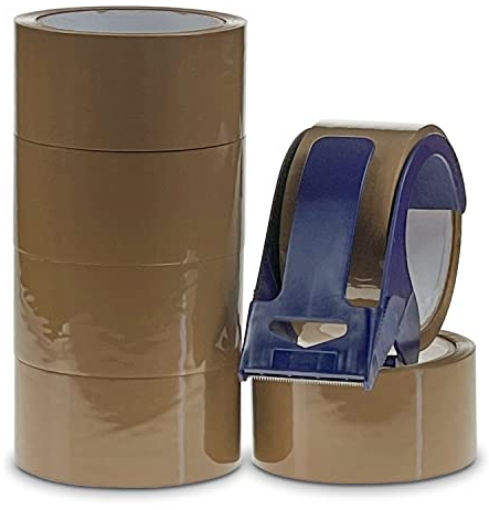Paketklebeband Braun mit Handabroller Paketband, 6 Rollen Robustes Packaging Tape, Inklusive Paketbandabroller, Abroller Paketband für Effizientes Verpacken, Klebebandabroller für Büro und Umzug