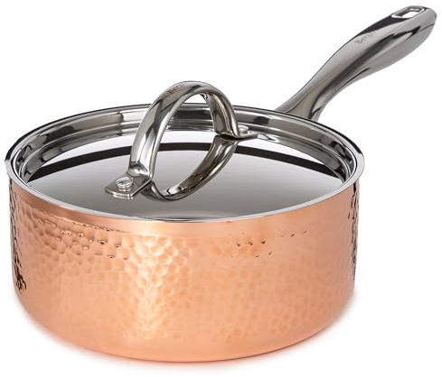 BergHOFF Vintage Tri-Ply Copper 7in Saucepan 2qt. With Matching Lid, Hammered, Long Ergonomic Shaped Handle, 3-layer Base, Gold