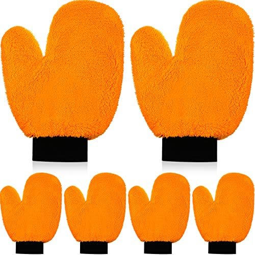 Remerry 6 Pcs Microfiber Mitt with Thumb for Cars Paint Mitt Wash Gloves Microfiber Mitt Paint Gloves Car Washing Painting Gloves Terry Weave Mitt Terry Dusting Mitt (Orange)