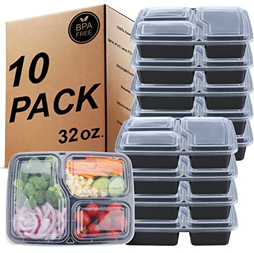 [10 Pièces] Meal Prep - Contenants réutilisables sans BPA à 3 compartiments avec couvercles hermétiques,résistants au congélateur,au micro-ondes et au lave-vaisselle,boîtes à lunch Bento [32 oz]