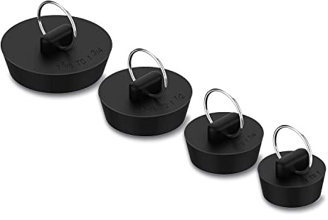 Arcimatto Bathtub Drain Stoppers, 4 Pieces Rubber Sink Stopper Set Bath Tub Plug Kitchen Bathroom Laundry Bar Water Stopper Seal with Hanging Ring for Shower Faucet Cover (Black)