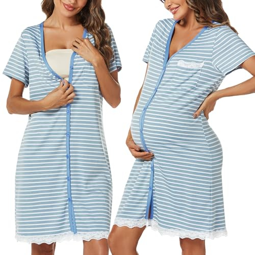 Uniexcosm Maternity Nursing Nightdress, Women's Short Sleeve Nightwear | Women's Short Sleeve Nightwear Soft Button Down Nightgown Stripe Sleepwear Maternity Pyjamas Nightshirt