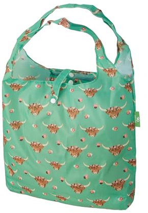 ECO CHIC Leichte, faltbare wiederverwendbare Einkaufstasche, wasserabweisende Tragetasche, Hochlandkuh mit Blumenmuster, Grün, Expandable