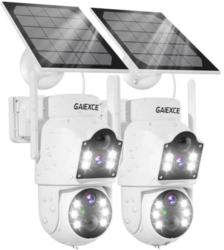 GAIEXCE Solar Security Cameras Wireless Outdoor【Dual Lens】 100% Wire-Free Battery Powered Camera, Pan Tilt, 4MP Color Night Vision, PIR Motion Detection, Spotlight/Siren Alarm, Only 2.4G WiFi